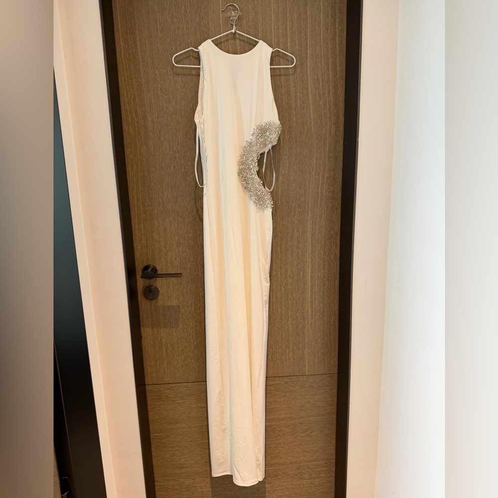 Bronx and Banco Ivory Backless Gown with Silver Embellishment